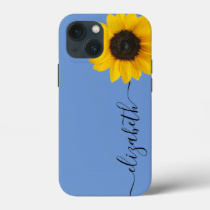 Funda Para iPhone 13 Mini Bright Sunflower Script Stem Name Blue iPhone Case