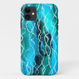 Funda Para iPhone 11 Brillante Turquesa, Negro, Ondas Blancas