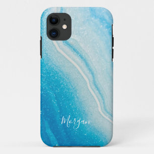 Funda Para iPhone 11 Brillo estilo ágata azul y blanco, nombre personal