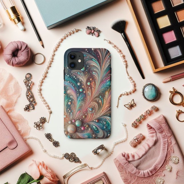 Funda De Case-Mate Para iPhone Brillo Iridescente Turquesa y Melocotón Bling (Subido por el creador)