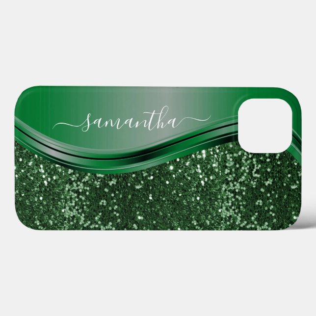 Funda De Case-Mate Para iPhone Brillo verde esmeralda Nombre Personalizado (Reverso (Horizontal))