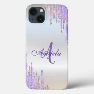 Funda Para iPhone 13 Brillos Modernos Violetas con Goteos,Plata,Monogra