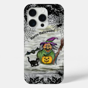 Funda Para iPhone 15 Pro Bruja, gato, murciélago y calabaza, ¡Feliz Hallowe