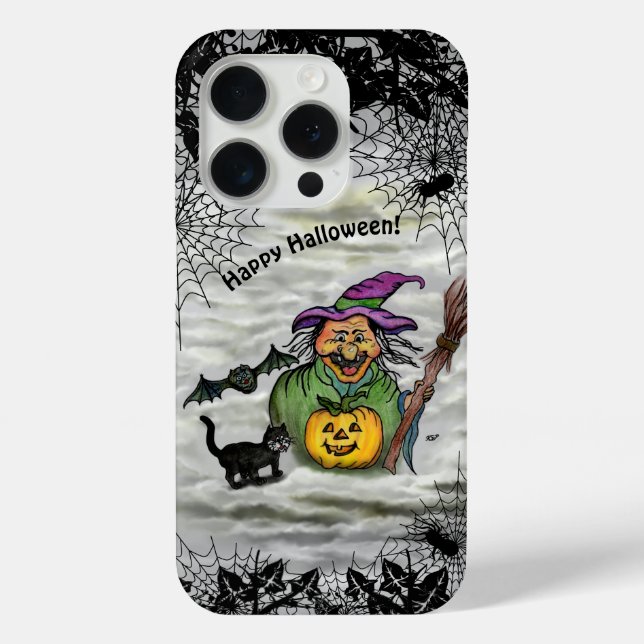 Funda De Case-Mate Para iPhone Bruja, gato, murciélago y calabaza, ¡Feliz Hallowe (Reverso )