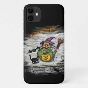 Funda Para iPhone 11 Bruja, gato, murciélago y calabaza, ¡Feliz Hallowe