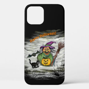 Funda Para iPhone 12 Bruja, gato, murciélago y calabaza, ¡Feliz Hallowe