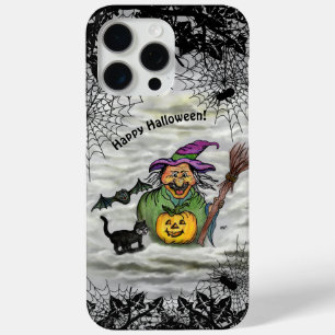Funda Para iPhone 15 Pro Max Bruja, gato, murciélago y calabaza, ¡Feliz Hallowe