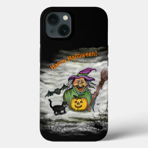 Funda Para iPhone 13 Bruja, gato, murciélago y calabaza, ¡Feliz Hallowe