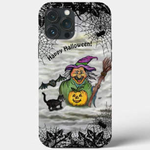 Funda Para iPhone 13 Pro Max Bruja, gato, murciélago y calabaza, ¡Feliz Hallowe
