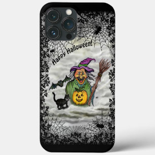 Funda Para iPhone 13 Pro Max Bruja, gato, murciélago y calabaza, ¡Feliz Hallowe