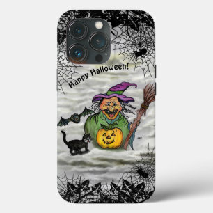 Funda Para iPhone 13 Pro Bruja, gato, murciélago y calabaza, ¡Feliz Hallowe