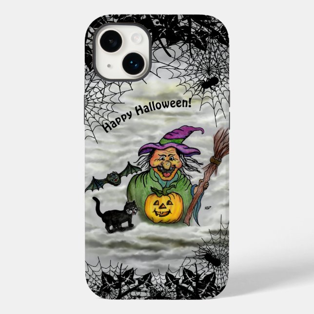 Funda De Case-Mate Para iPhone Bruja, gato, murciélago y calabaza, ¡Feliz Hallowe (Reverso )