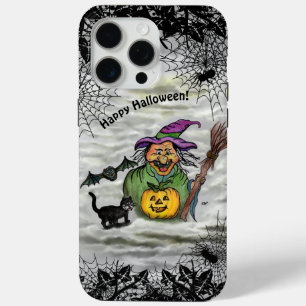 Funda Para iPhone 15 Pro Max Bruja, gato, murciélago y calabaza, ¡Feliz Hallowe