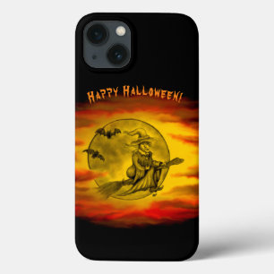 Funda Para iPhone 13 Bruja voladora con gato negro, noche de halloween