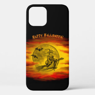 Funda Para iPhone 12 Bruja voladora con gato negro, noche de halloween