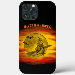 Funda Para iPhone 13 Pro Max Bruja voladora con gato negro, noche de halloween