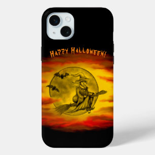 Funda Para iPhone 15 Mini Bruja voladora con gato negro, noche de halloween