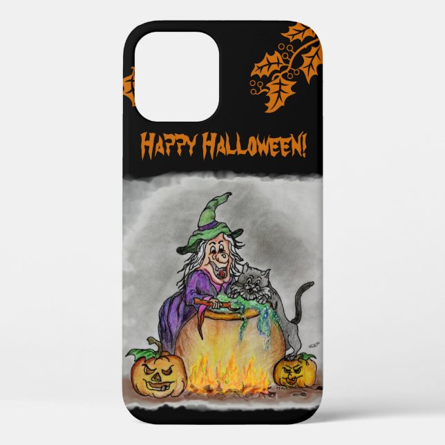 Funda De Case-Mate Para iPhone Bruja y gato, ¡Feliz Halloween! (Reverso )