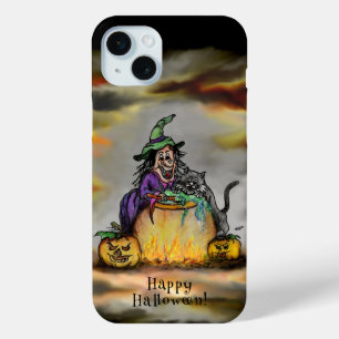 Funda Para iPhone 15 Mini Bruja y gato negro, ¡Feliz Halloween!