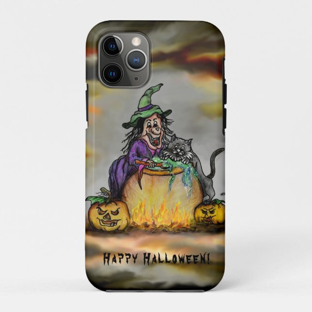 Funda De Case-Mate Para iPhone Bruja y gato negro, ¡Feliz Halloween! (Reverso)