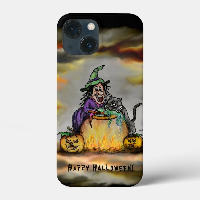 Funda De Case-Mate Para iPhone Bruja y gato negro, ¡Feliz Halloween! (Reverso )