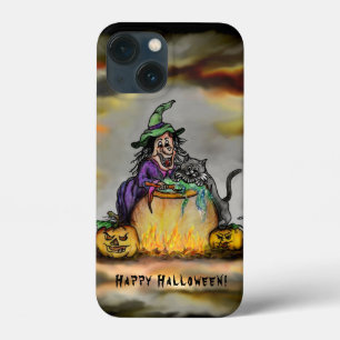 Funda Para iPhone 13 Mini Bruja y gato negro, ¡Feliz Halloween!
