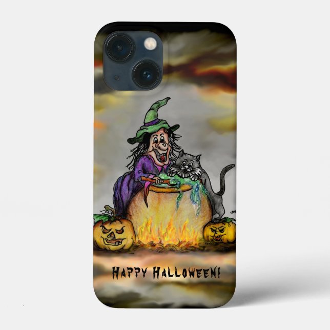 Funda De Case-Mate Para iPhone Bruja y gato negro, ¡Feliz Halloween! (Reverso )