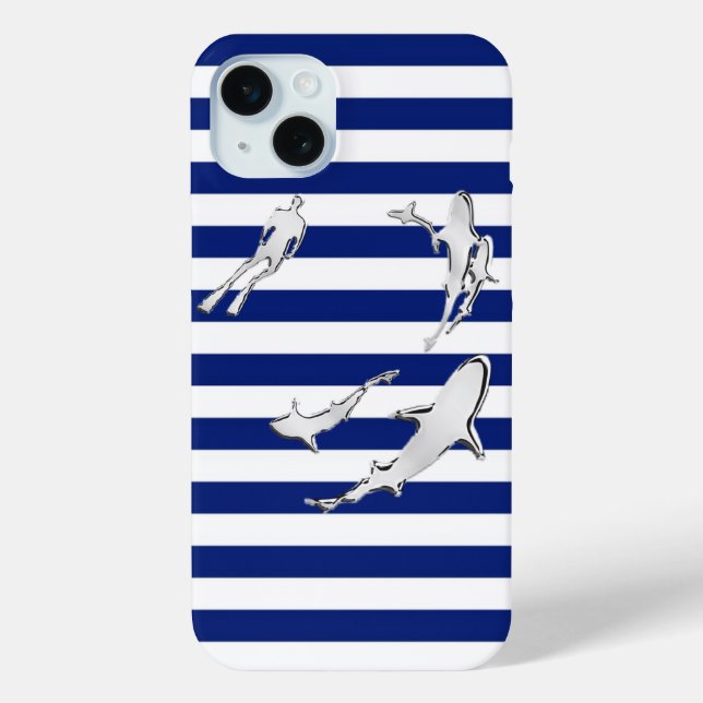 Funda De Case-Mate Para iPhone Buceadores y tiburones en franjas náuticas (Reverso )