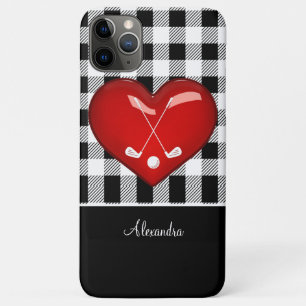 Funda Para iPhone 11 Pro Max Buffalo Plaid Black white clubs de golf rojo coraz