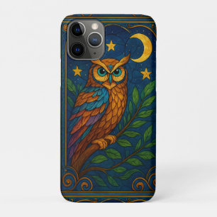 Funda Para iPhone 11 Pro Búho de Vidrio Pintado Bajo la Luna y las Estrella