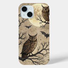 Funda Para iPhone 15 Búhos y luna de Halloween vintage