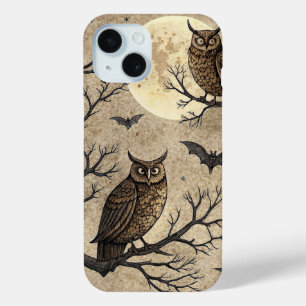 Funda Para iPhone 15 Búhos y luna de Halloween vintage