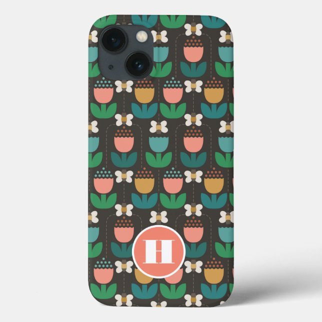 Funda De Case-Mate Para iPhone Bumble Bee & Tulips Monograma rosa y negro inicial (Reverso)