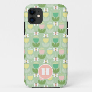 Funda Para iPhone 11 Bumble Bee & Tulips Monograma rosa y verde inicial