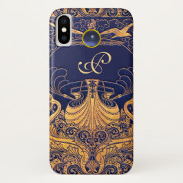 Funda Para iPhone X Buque antiguo, delfines, oro, monograma azul marin