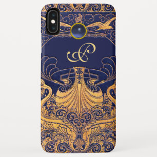 Funda Para iPhone XS Max Buque antiguo, delfines, oro, monograma azul marin