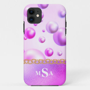 Funda Para iPhone 11 Burbujas moradas de monograma metálico rosado Girl
