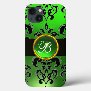 FUNDA PARA iPhone 13 BURGUNDY DE EMERALD VERDE NEGRO DAMASK MONOGRAM