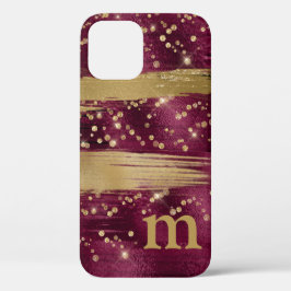 Funda Para iPhone 12 Burgundy Glitter Monograma en letra script dorada