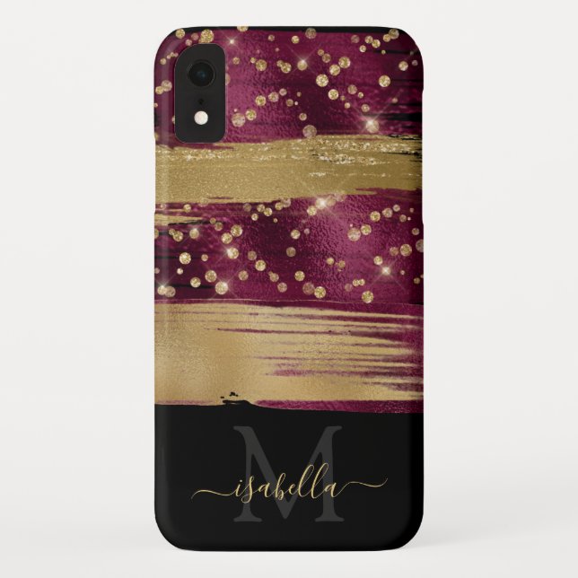 Funda De Case-Mate Para iPhone Burgundy Glitter Script Monograma (Reverso)