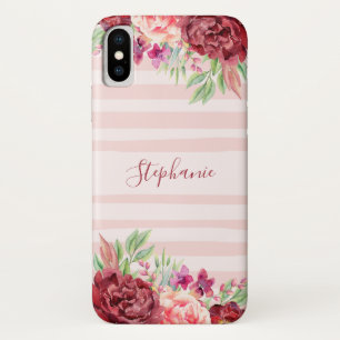 Funda Para iPhone X Burgundy Peach Floral Rubor Stripes Monograma