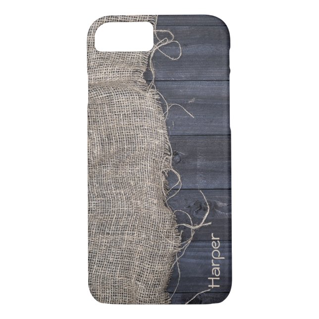 Funda De Case-Mate Para iPhone Burlap y Barn Wood rusas con nombre personalizado (Reverso)