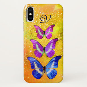 FUNDA PARA iPhone X BUTTERFLAS AZULES DE PÚRPURA ROSA EN AMARILLO ORO