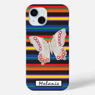 Funda Para iPhone 15 Butterfly brooch pendant gold Jewelry Rainbow stri
