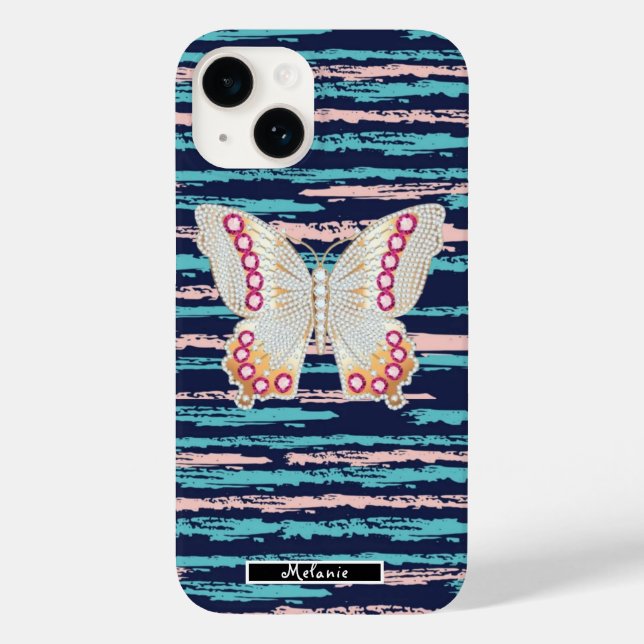 Funda De Case-Mate Para iPhone Butterfly  Jewelry  Abstract blue pink stripes (Reverso )