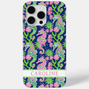 Funda Para iPhone 15 Pro Max Caballitos de mar en acuarela monogramados 