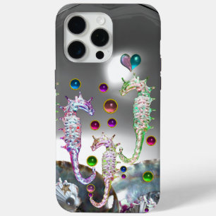 FUNDA PARA iPhone 15 PRO MAX CABALLITOS DE MAR ENAMORADOS, ROSA AZUL TEAL MADRE