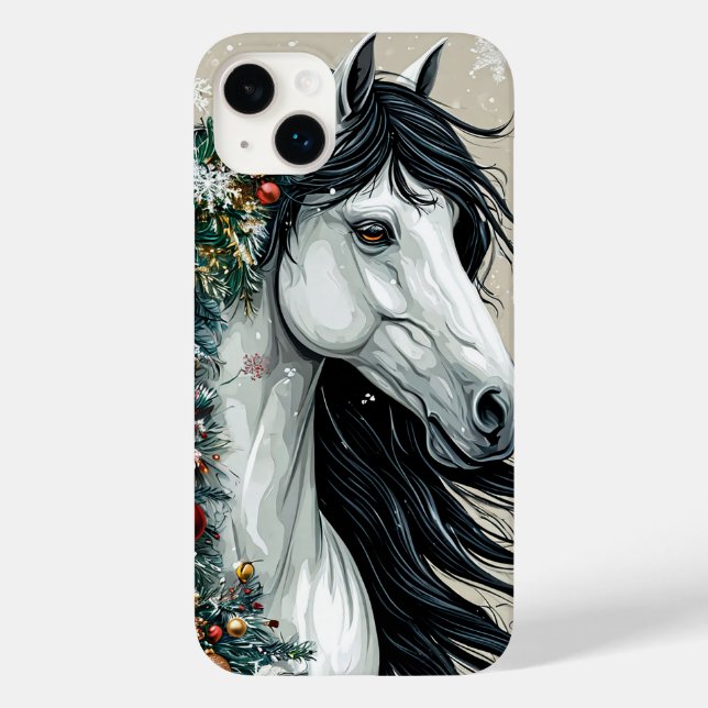 Funda De Case-Mate Para iPhone Caballo blanco con un árbol de Navidad (Reverso )