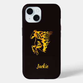 Funda Para iPhone 15 Caballo de llama dorada con nombre personalizado