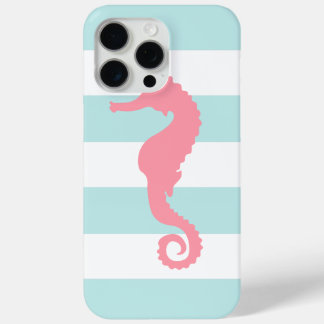 Funda Para iPhone 15 Pro Max Caballo de mar rosa en franjas de menta